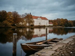 Schloss Gottorf mit barocker Fassade spiegelt sich im Wasser der Schlei, goldene Herbstbäume, Ruderboot am Steinufer im Vordergrund.