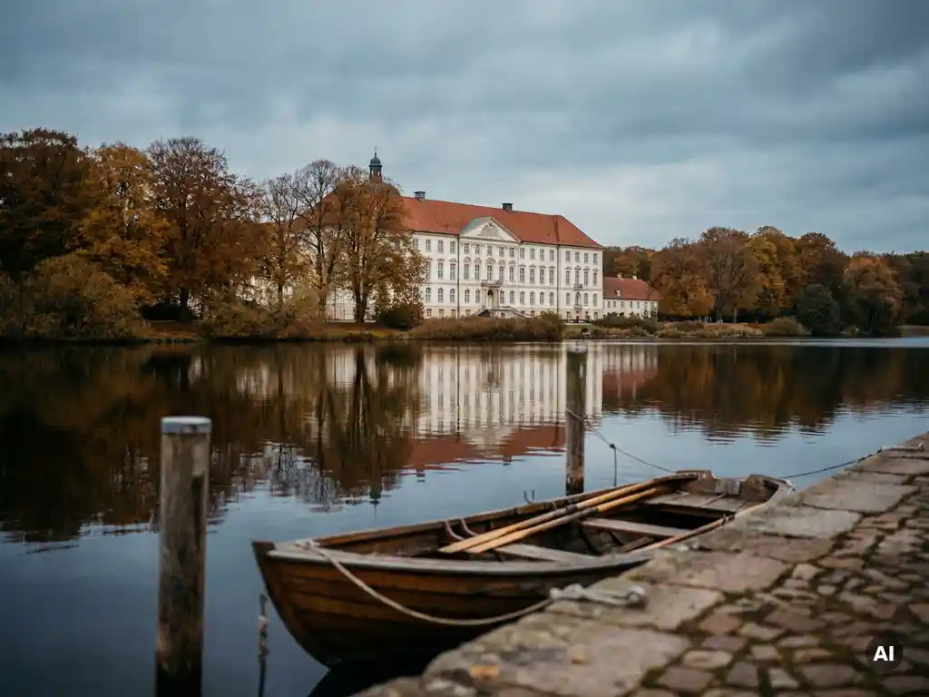 Schloss Gottorf mit barocker Fassade spiegelt sich im Wasser der Schlei, goldene Herbstbäume, Ruderboot am Steinufer im Vordergrund.