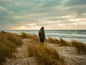 Wanderer auf einer Küstendüne in Schleswig-Holstein, goldenes Strandgras im Wind, Nordsee und dramatischer Wolkenhimmel im Hintergrund.