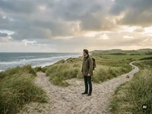 Wanderer an einer Weggabelung in den Küstendünen Schleswig-Holsteins mit Blick auf Nordsee und grüne Wiesen im Abendlicht.