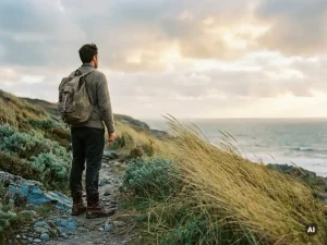 Wanderer mit verwittertem Rucksack auf Küstenpfad, goldenes Marschgras im Wind, Nordsee im Hintergrund unter nordischem Himmel.