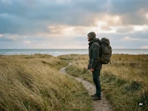 Wanderer mit verwittertem Rucksack auf Küstenpfad, goldenes Schilf im Wind, Nordsee unter weitem nordischem Himmel.