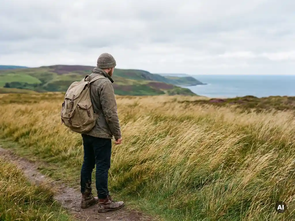 Wanderer mit verwittertem Rucksack auf Küstenpfad in Schleswig-Holstein, Nordsee am Horizont, Marschgras im Wind.