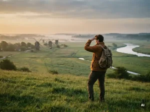 Wanderer mit Rucksack auf einem Hügel in Schleswig-Holstein, mit Blick auf Wiesen, Windräder und einen Fluss im Morgennebel.