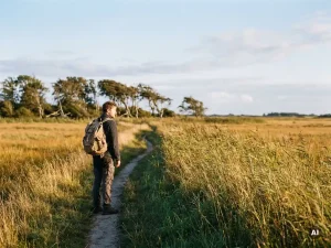 Wanderer mit verwittertem Rucksack auf einem Schilfpfad durch das Schleswig-Holsteinische Marschland im goldenen Abendlicht.
