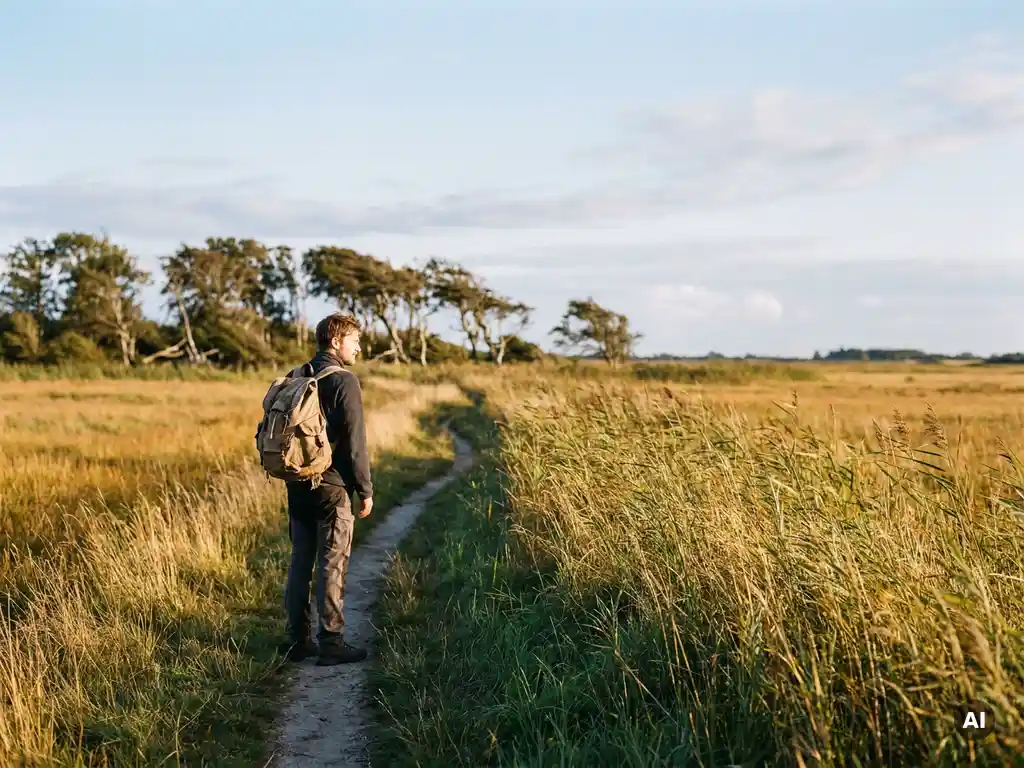 Wanderer mit verwittertem Rucksack auf einem Schilfpfad durch das Schleswig-Holsteinische Marschland im goldenen Abendlicht.