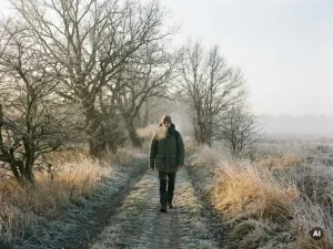 Wanderer in Winterjacke auf frostbedecktem Weg in Schleswig-Holstein, kahle Eichen im Nebel, goldenes Schilf im blassen Winterlicht.