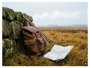 Verwitterter Lederrucksack an moosiger Steinmauer mit Trekkingstöcken und topografischer Karte, umgeben von goldenem Schilf in der schleswig-holsteinischen Marsch.
