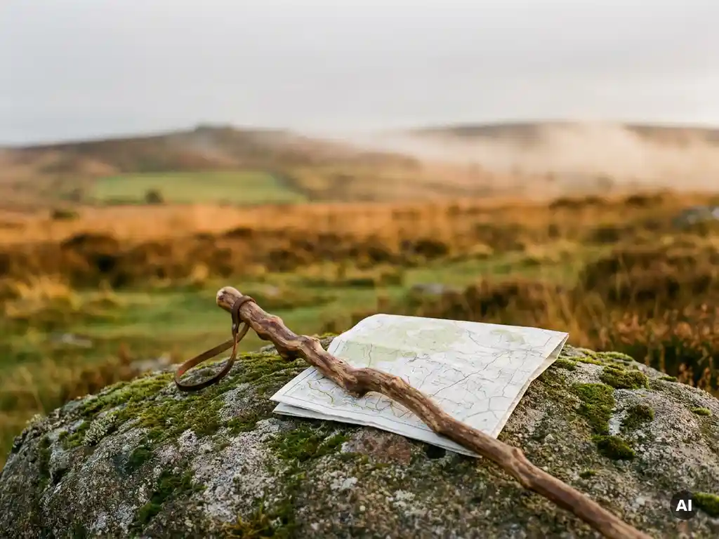 Verwitterter Wanderstock und gefaltete Wanderkarte auf Granitfelsen, umgeben von goldener Heide und grünen Wiesen im Morgennebel.