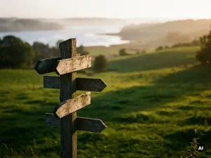 Verwitterter Holzwegweiser auf grünem Hügel in Schleswig-Holstein mit nebligem Fjord und goldenem Nachmittagslicht im Hintergrund.