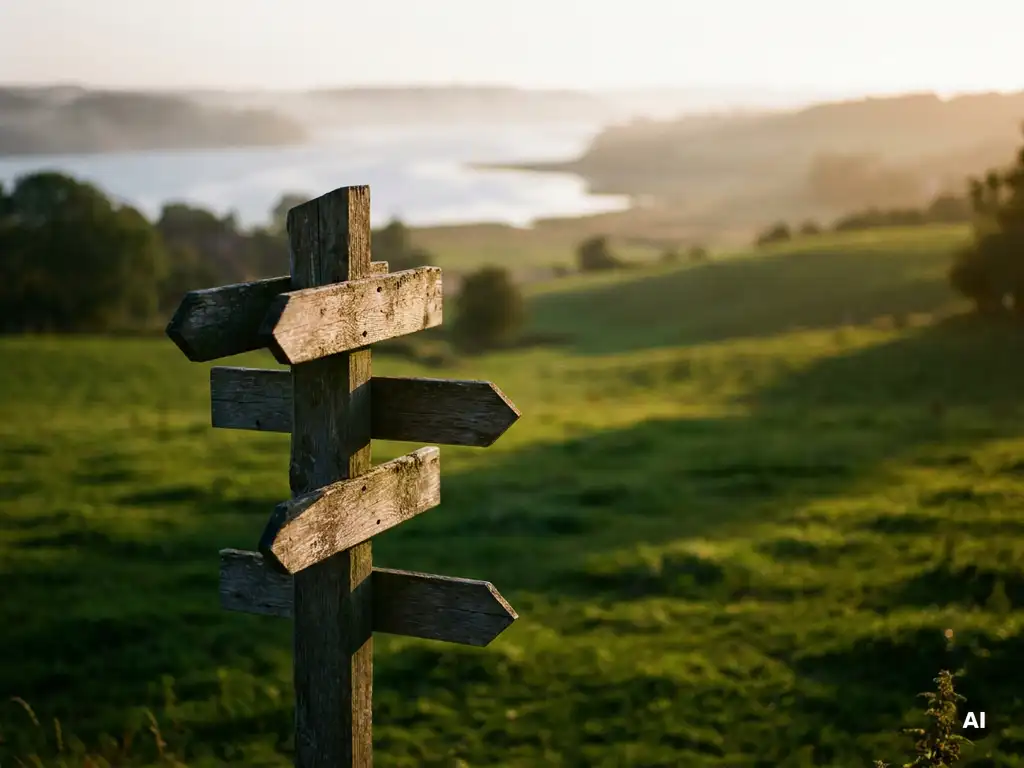 Verwitterter Holzwegweiser auf grünem Hügel in Schleswig-Holstein mit nebligem Fjord und goldenem Nachmittagslicht im Hintergrund.