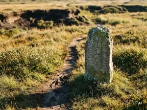Verwitterter Wikinger-Grenzstein aus Stein an einem gewundenen Erdweg durch goldenes Marschland im warmen Nachmittagslicht.