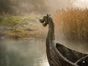 Verwitterter Wikinger-Drachenkopf am Bug eines Langschiffs im Morgennebel über einem Fjord in Schleswig-Holstein.